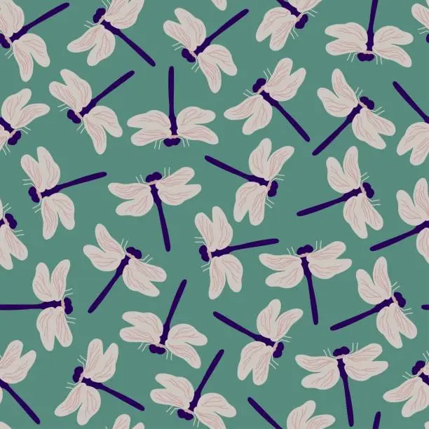 Vector illustration of Seamless pattern with flying dragonflies on green background. Dragonflies repeat pattern for textile, fashion, paper design. Colorful spring summer garden vector illustration.