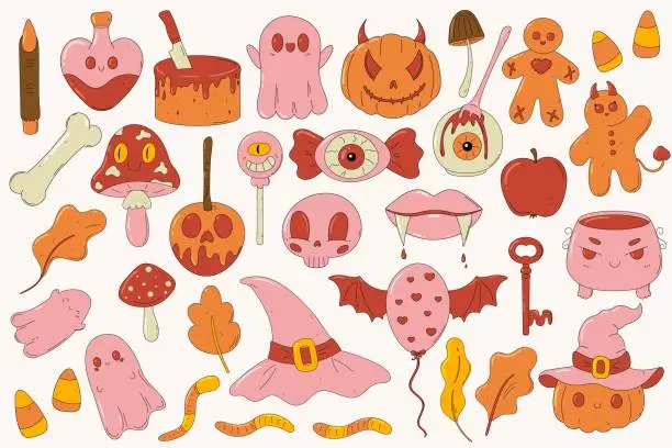 Vector illustration of Big Halloween hand drawn set. Cute creepy and kawaii spooky elements. Retro cartoon style. Groovy clipart collection. Monsters mascot. Witch's cauldron, pumpkin, ghost, skull, poison, hat, mushroom.