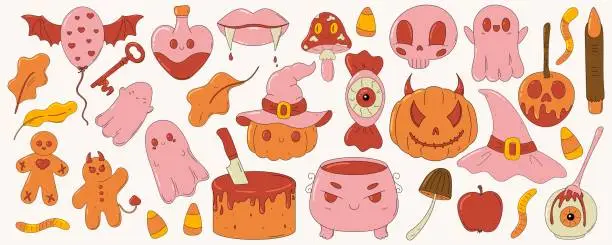 Vector illustration of Big Halloween hand drawn set. Cute creepy and kawaii spooky elements. Retro cartoon style. Groovy clipart collection. Monsters mascot. Witch's cauldron, pumpkin, ghost, skull, poison, hat, mushroom.