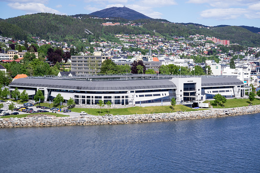 Molde, Norway - June 8, 2017: Seaside view of Aker Stadion. The stadium has a capacity of 11,800 spectators and is the home of Norwegian Premier League club Molde.