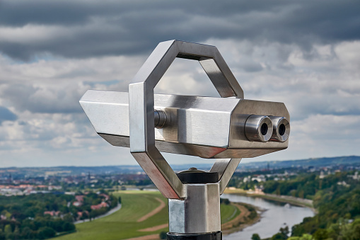 View point with tourist telescope in Lyon city in France