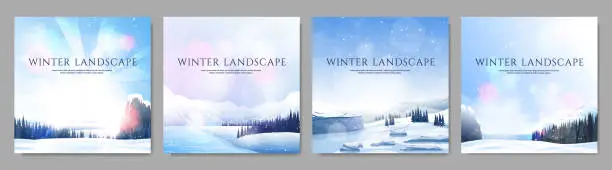 Vector illustration of Vector illustration. Flat landscape. Snowy background. Snowdrifts. Snowfall. Clear blue sky. Blizzard. Cartoon wallpaper. Cold weather. Winter season. Design elements for web banner, social media