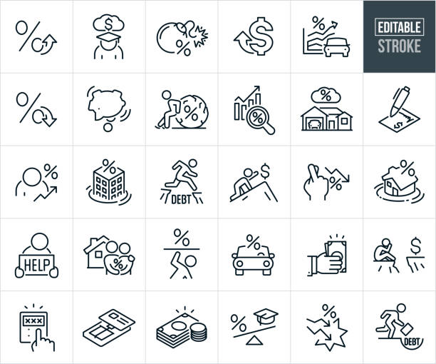 Rising And Lowering Interest Rates Thin Line Icons - Editable Stroke A set of rising and lowering interest rates icons that include editable strokes or outlines using the EPS vector file. The icons include a rising interest rate, lowering interest rate, student with head down in debt from interest rate, bomb with interest rate, rising costs due to raising interest rates, auto loan interest rates climbing, piggy bank emptying, person struggling to push a large bolder with and interest rate sign on it, home interest rate, loan contract, person depressed from high interest rates, business sinking in debt from interest rate, person jumping a cliff gap with an interest rate sign in the middle, person crawling up mountain to reach financial funding, fingers crossed that interest rates come down, house sinking from high interest rate, person holding a help sign for relief from high interest rates, couple buying a home with high interest rate, person being crushed by an interest rate sign, auto interest rate, hand giving cash financing, person with head in hands not able to reach needed financial capital due to high interest rates, hand calculating high payments due to high interest rates, mouse trap with a credit card that has high interest rates, stack of cash and coins, scale with an interest rate outweighing a graduation cap, crashing down of interest rates and a business person running into pit of debt from high interest rates. arrow up symbol stock illustrations
