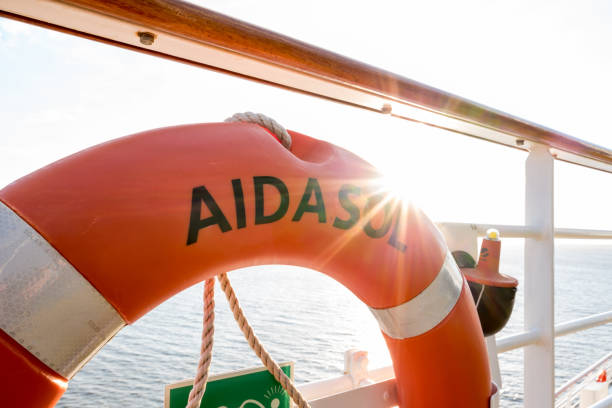 A bright orange life buoy attached to the railing of a ferry crosses the blue expanse of the Adriatic Sea. The textured green deck below and serene sea and sky create a peaceful maritime composition. Captured off the Croatian coast during summer, this image offers a clean and symbolic depiction of sea travel and nautical safety, with the rocky mountains of Dalmatia fading into the background.