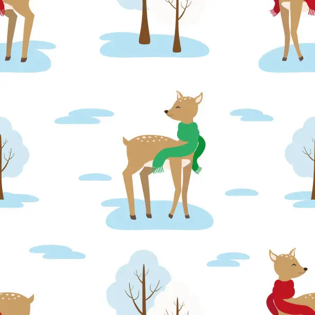 Vector illustration of Vector seamless pattern with reindeers in scarf and snowy trees in cartoon style