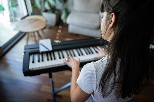 Rear view of a young woman playing synthesizer at home