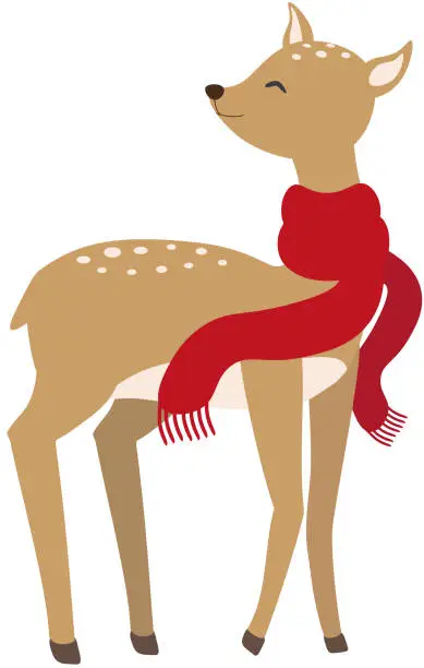 Vector illustration of Vector illustration of fallow deer in red scarf in cartoon style