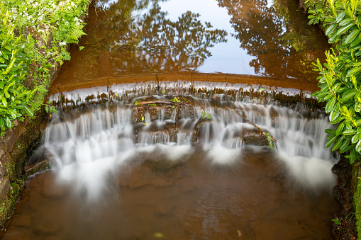 Long exposure of a waterfall flowing through Buxton Pavilion Gardens in Derbyshire