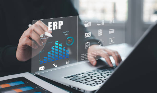 istock Business people using a laptop with document management for ERP. Enterprise resource planning concept,Enterprise Resource Management ERP software system for business resources plan presented. 1721126025