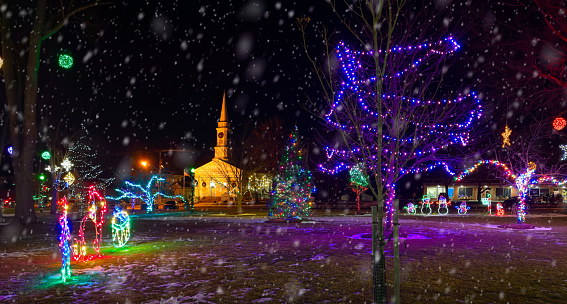 Christmas display on the town square of Twinsburg, Ohio, with a historic old church in the background