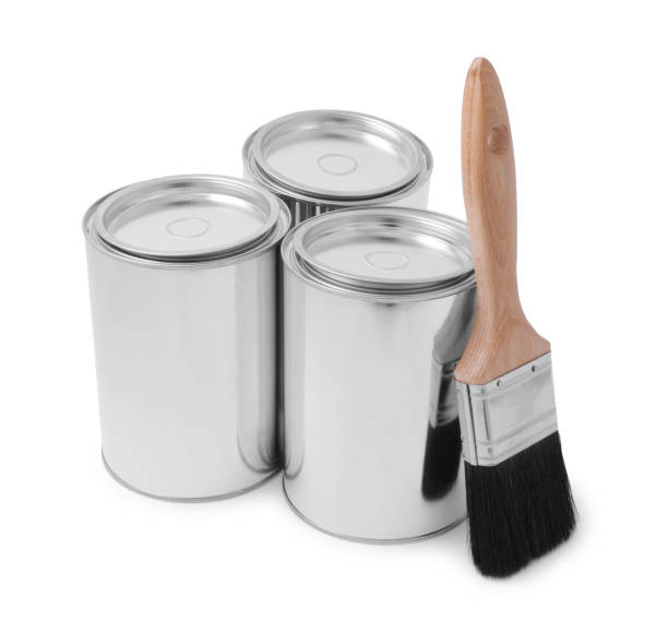 istock Cans of paints and brush on white background 1721176382