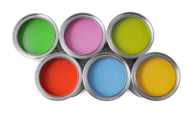 istock Cans of different paints on white background, top view 1721176406