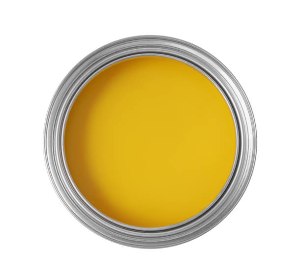 istock Can with yellow paint on white background, top view 1721176408