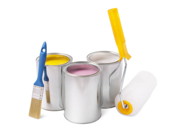 istock Cans with different paints, brush and roller on white background 1721176963