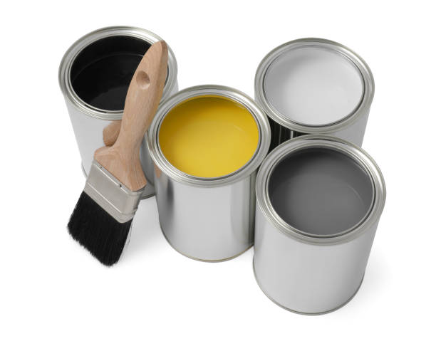 istock Cans of different paints with brush on white background, above view 1721177485