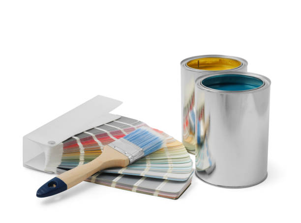 istock Paint cans, brush and palette on white background 1721177489