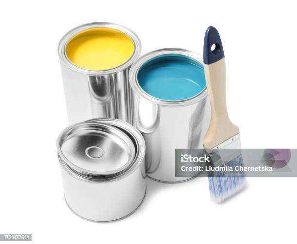 Different Color Cans Of Paint And Brushes On Swatches Background Stock  Photo - Download Image Now - iStock