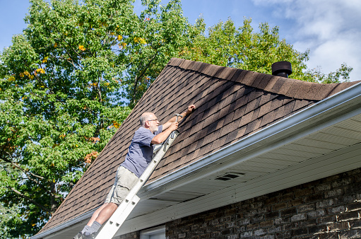 Mature man standing in ladder and holding asphalt shingle to repair roof during summer day