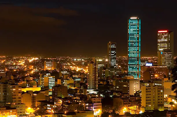 looking at downtown bogota, colombia and its torre colpatria (on of latin americas talles buildings) that is illuminated in different colors, see more colors in my portfolio