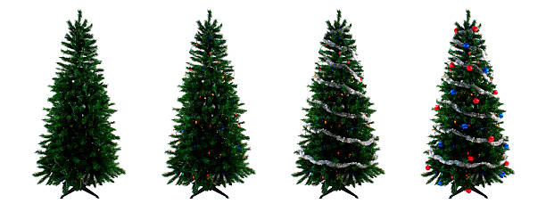 istock Four Christmas Trees Showing Different Stages of the Decorating Process 172123861