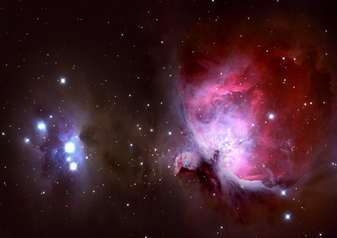 This is an high resolution astrophotography of The Great Orion Nebula, in the constellation Orion (The Hunter) On the left hand is the blue cold reflection nebula (Running Man ,also designated NGC 1977) on the right hand there is M42 the gigantic red emissions nebula (ionized hydrogen gas) where a lot of new stars are born.The image is taken with a Canon EOS 300 (modify for Astro images) in the in prime focus of professional mirror-telescope (newtonian) 1200mm f/4 Exposure time is 210 minutes altogether.This is a mosaic of 2 images.
