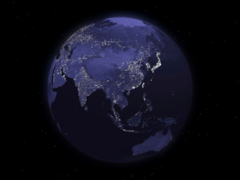 Detailed illustration of earth at night from satellite view.