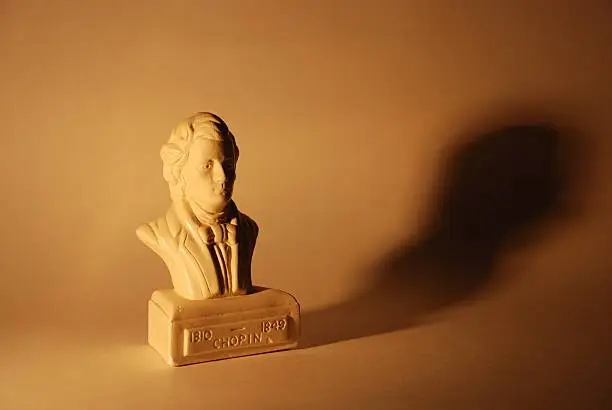 A dramatically lit Chopin bust with shadow to the right.