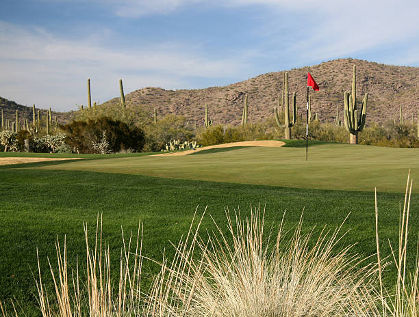 istock One red flag on a desert golf course in front of mountains. 172125536