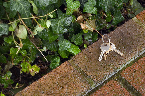 Keys on brick next to ivy