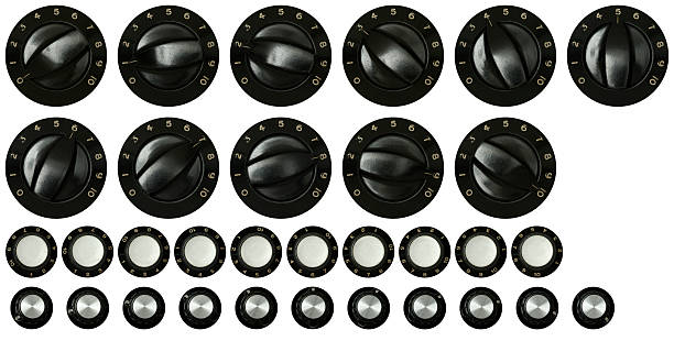 Vintage knob toolkit Three old radio knobs on white background, rotated to various positions. Cut them out and animate for full effect! volume knob stock pictures, royalty-free photos & images