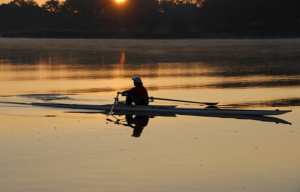 Rowing at Sunrise A rower backlit by the autumn sunrise.  Chester River, Chestertown, MD. chestertown stock pictures, royalty-free photos & images