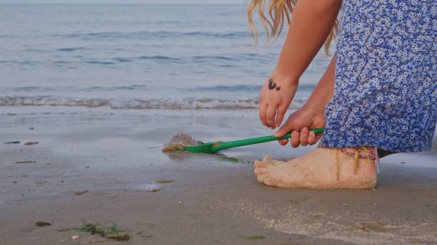 young caucasian girl saving sea jellyfish washed out on seashore beach sand - moon jellyfish jellyfish sea sea life imagens e fotografias de stock