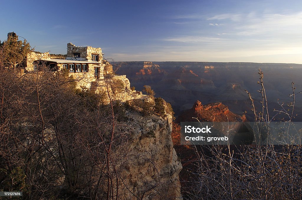 Grand Canyon view Hopi house in early morning light on the south rim of the Grand Canyon. Hopi Culture Stock Photo