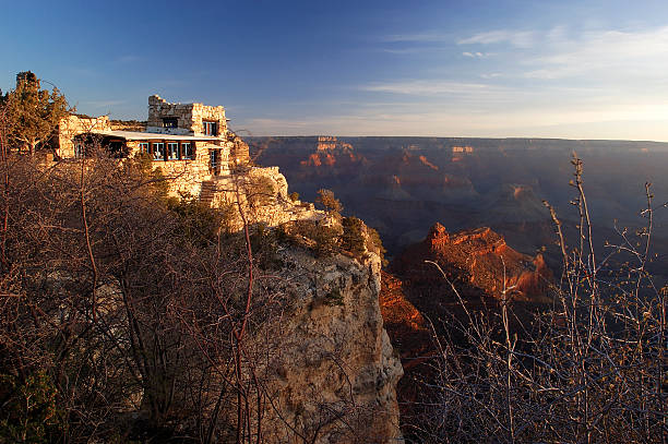 Grand Canyon view Hopi house in early morning light on the south rim of the Grand Canyon. hopi culture photos stock pictures, royalty-free photos & images