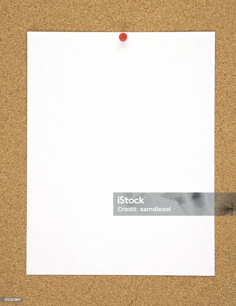 Blank Sheet of Paper on Corkboard A Blank sheet of white paper pinned to a brown corkboard with a red pushpin. Advertisement Stock Photo