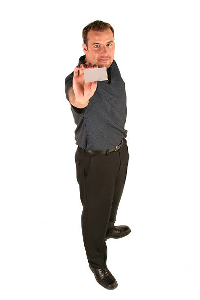 hombre y tarjeta de negocios - invitation blank smiling business card fotografías e imágenes de stock