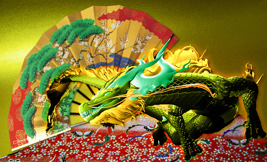 3D zodiac dragon twisting its body on a golden background with a fan and Japanese pattern