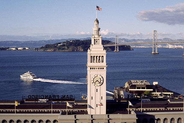 Jan 18, 2020 San Francisco / CA / USA - The Ferry Building standing at the beginning of Market Street; Tall office buildings, street signs and ads, visible on both sides of the road