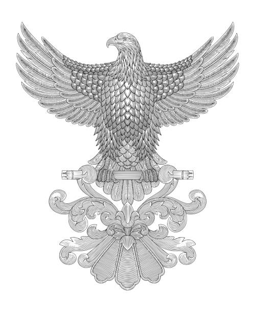 istock Bald eagle spread wing and standing on top of the floral ornament, Vintage engraving drawing style, antique design vector illustration 1721315594