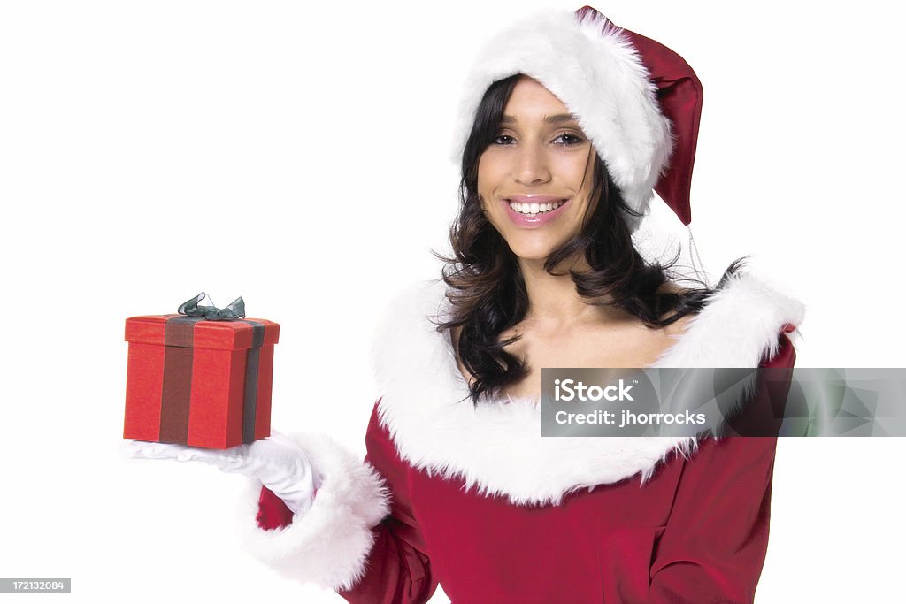 Sorridente Miss di Babbo Natale con scatola regalo - Foto stock royalty-free di Adolescente