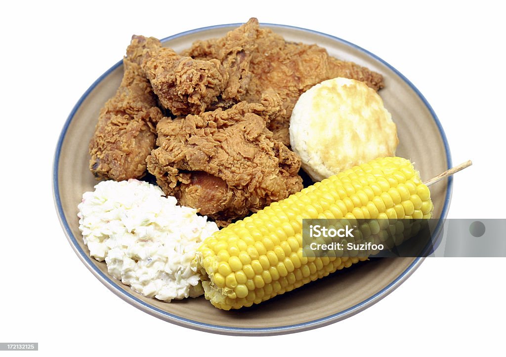 fried chicken plate A plate of finger lickin' good fried chicken with cole slaw, corn on the cob (on a stick) and a biscuit. Focus is sharpest in the center. Isolated on white. Chicken Meat Stock Photo