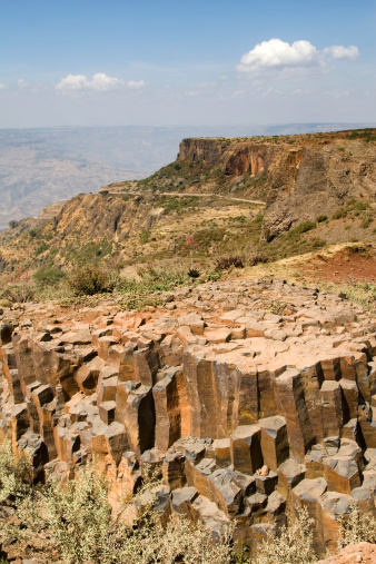 Palisades, formed by magma in the Blue nile gorge, landscape in Ethiopia.