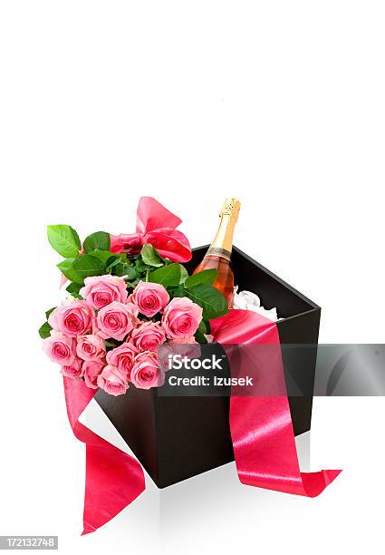 Champagne Gift Box With Boquete Of Roses Stock Photo - Download Image Now - Champagne, Flower, Valentine's Day - Holiday