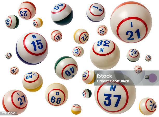 Flying Bingo Balls With Assorted Numbers In White Background Stock Photo - Download Image Now