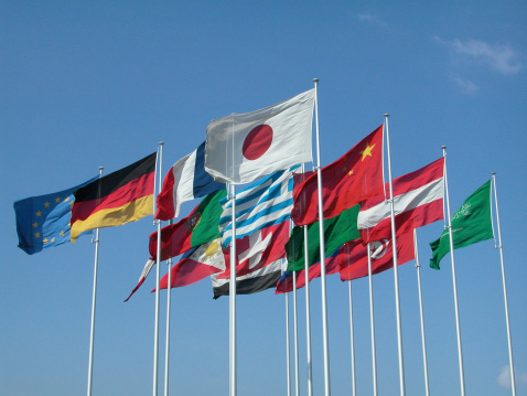National flags displayed outside a building