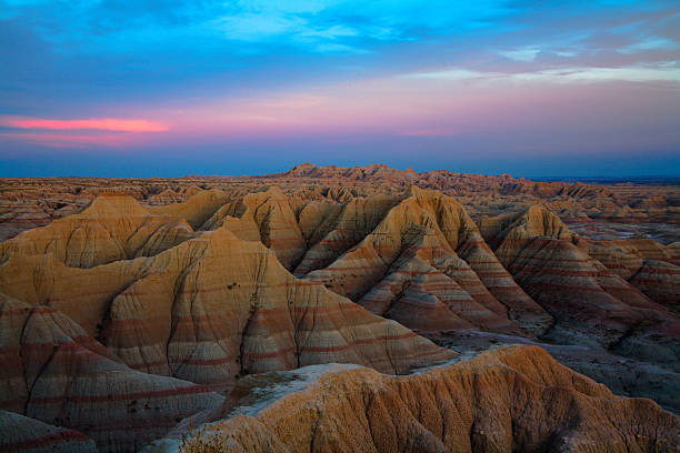 Aerial view of Badlands National Park, South Dakota Badlands National Park at Sunset badlands stock pictures, royalty-free photos & images