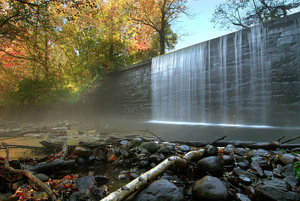 Waterfall and fog in autumn HDR stock photo