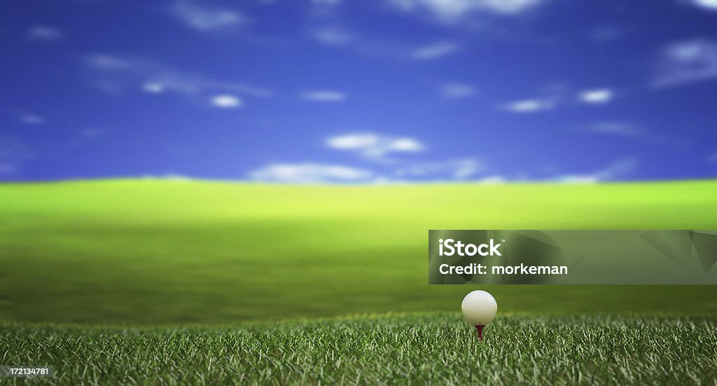 Lone golf ball sitting on green field under the blue sky golfball in focus in green fields Golf Ball Stock Photo