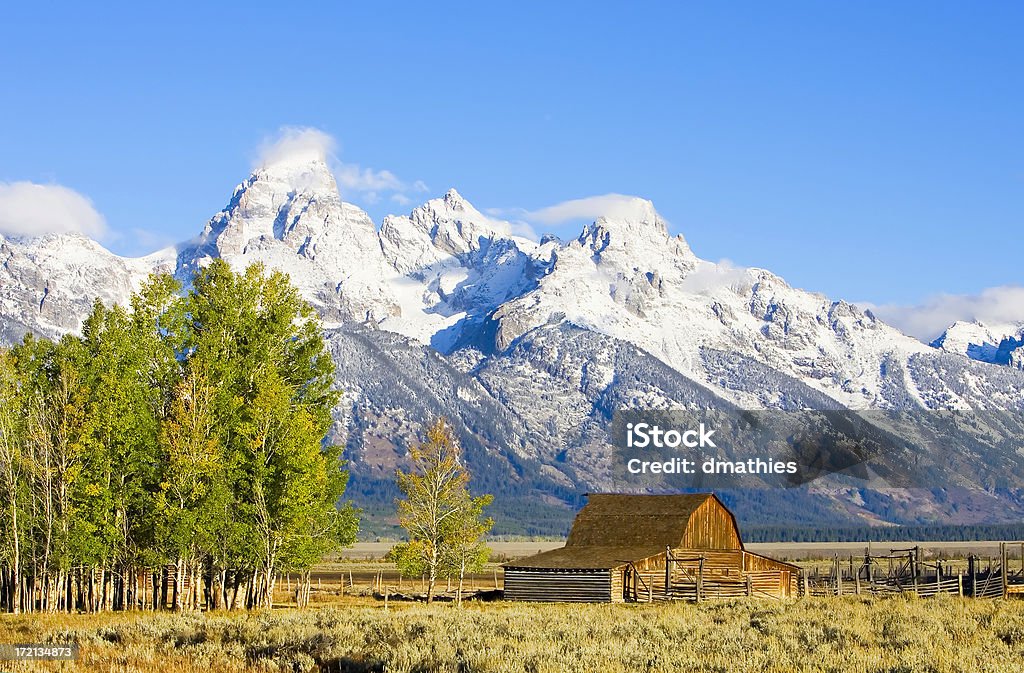 Mormon barn on the high plain Barn isolated in the high plateau of Grand Teton National Park. Abandoned Stock Photo