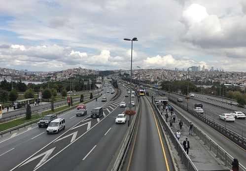 Istanbul, Turkey - September 25: Traffic at D-100 Highway (Halic Bridge) at Istanbul European Side on September 25, 2019 in Istanbul, Turkey.